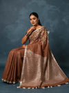 Indiehaat | Pure Linen Hand Embroidered Saree Brown