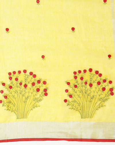 Indiehaat | Pure Linen Embroidered Saree Yellow