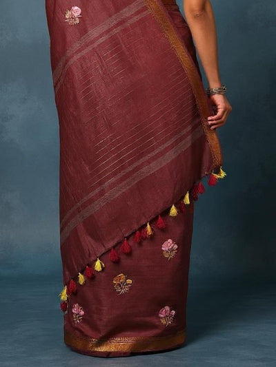 Indiehaat | Silk Linen Embroidery Saree Red