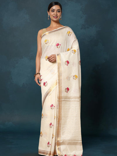 Indiehaat | Silk Linen Embroidery Saree White