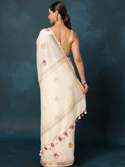 Indiehaat | Silk Linen Embroidery Saree White