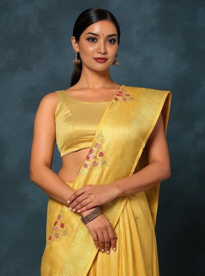 Indiehaat | Embroidered Tissue Linen Saree Yellow