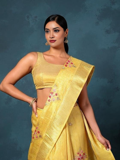 Indiehaat | Embroidered Tissue Linen Saree Yellow