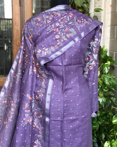 Indiehaat | Pure Linen Embroidery Suit Purple