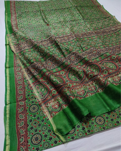 Indiehaat | Chanderi Silk Ajrakh Print Saree Green