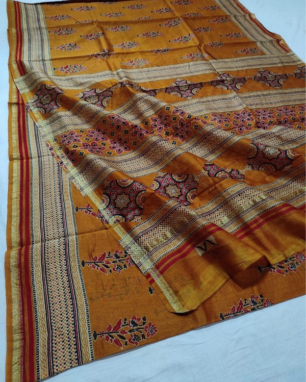 Indiehaat | Chanderi Silk Ajrakh Print Saree Yellow