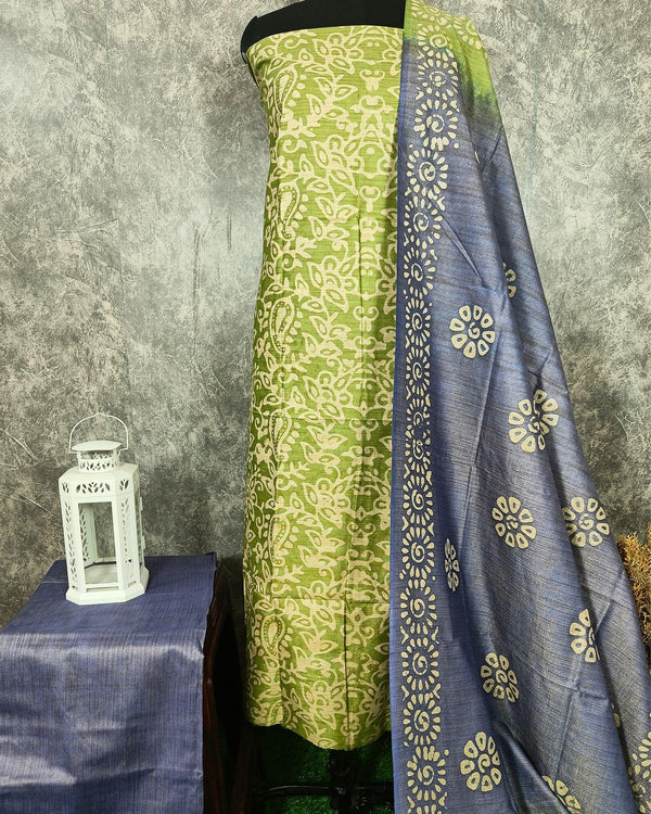 Indiehaat | Khadi Silk Olive Green Suit Batik Print Bandhini Dupatta Ajrakh Dabu