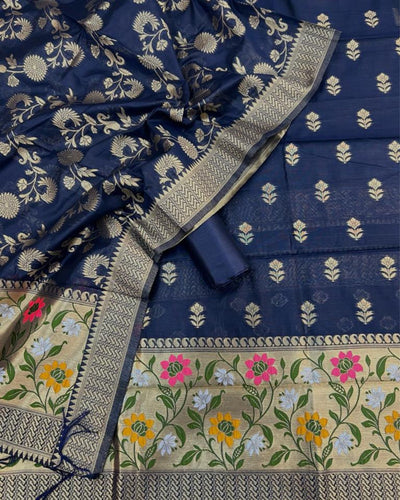 Indiehaat | Banarasi Cotton Brocade Suit Blue