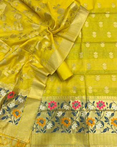 Indiehaat | Banarasi Cotton Brocade Suit Yellow