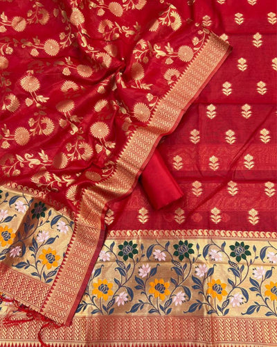 Indiehaat | Banarasi Cotton Brocade Suit Red