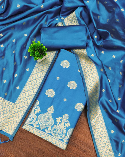 Indiehaat | Banarasi Brocade Lichi Silk Blue Suit