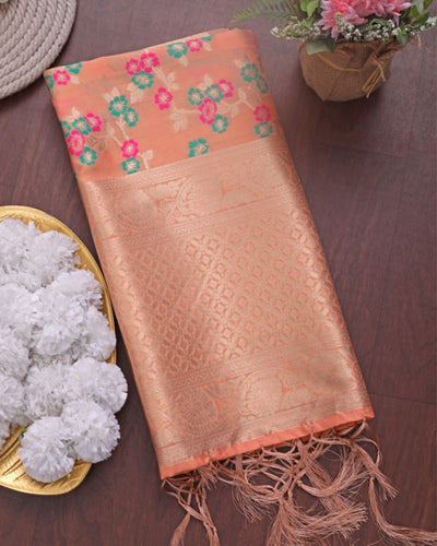 Indiehaat | Banarasi Lichi Silk Brocade Dupatta Peach