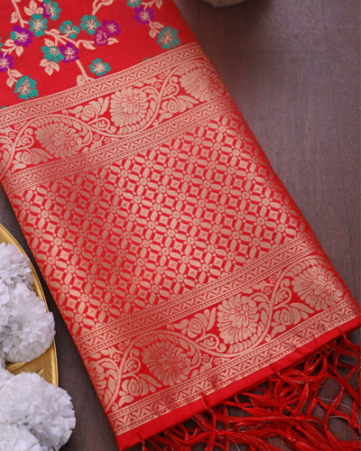 Indiehaat | Banarasi Lichi Silk Brocade Dupatta Red