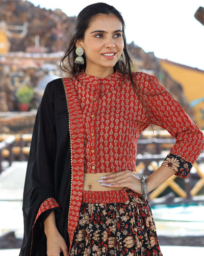 Indiehaat | Blockprinted Cotton Brown & Black Lehanga Choli Set