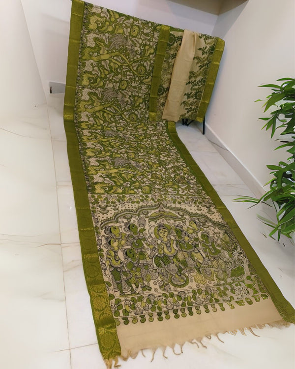 Indiehaat | Mangalagiri Handpainted Silk Saree Green