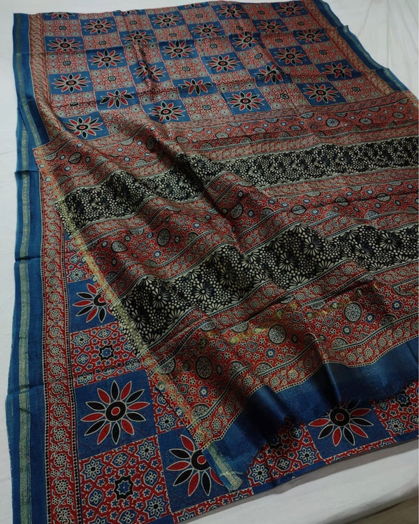 Indiehaat | Chanderi Silk Ajrakh Print Saree Blue