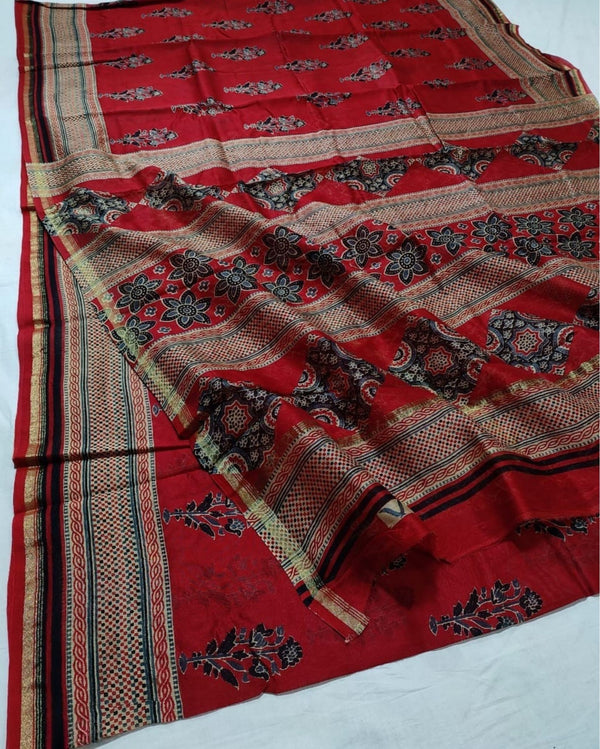 Indiehaat | Chanderi Silk Ajrakh Print Saree Red