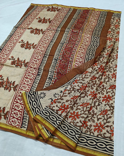 Indiehaat | Chanderi Silk Kalamkari Beige Saree