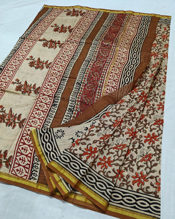 Indiehaat | Chanderi Silk Kalamkari Beige Saree