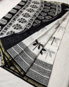 Indiehaat | Blockprint Chanderi Silk Saree in Black & White | Elegant Monochrome Saree