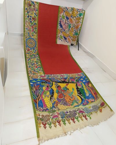 Indiehaat | Mangalagiri Handpainted Silk Saree Multicolor