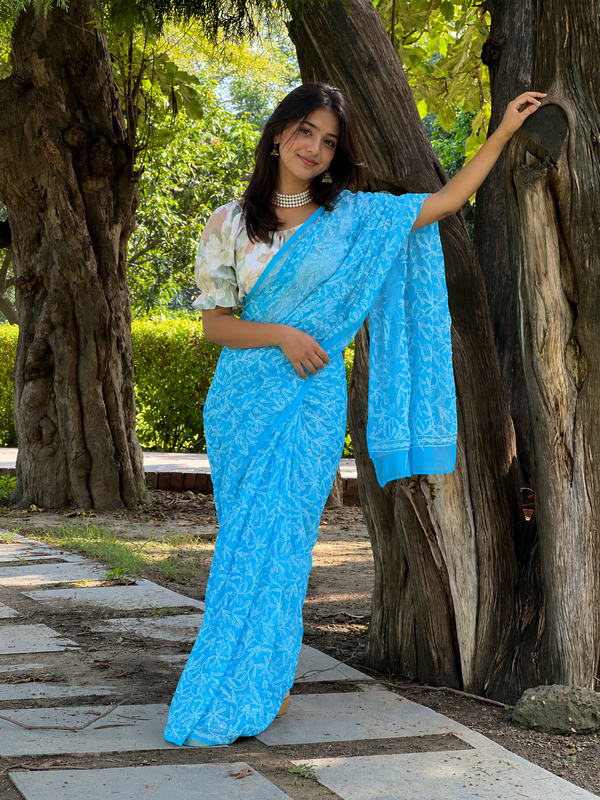 Georgette HandCrafted Tepchi work Blue Saree with Running Blouse-Indiehaat