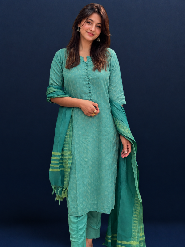 Katan Silk Color-Rich Handcrafted Green Suit (T+B+D)