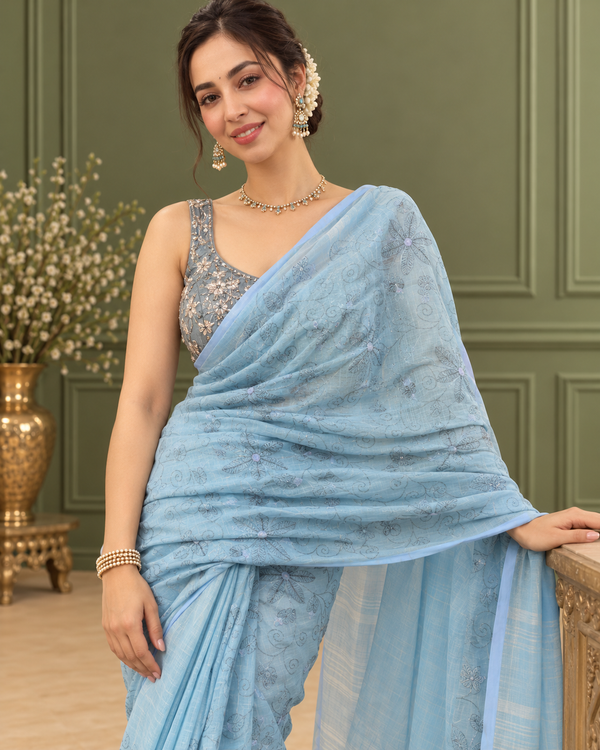 Pure Linen Embroidered Handloom Light Blue Saree with Running Blouse-Indiehaat