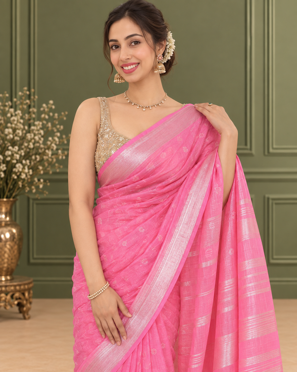 Ethereal Pure Linen Embroidered Handloom Pink Saree