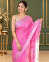 Ethereal Pure Linen Embroidered Handloom Pink Saree
