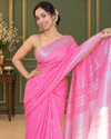 Ethereal Pure Linen Embroidered Handloom Pink Saree