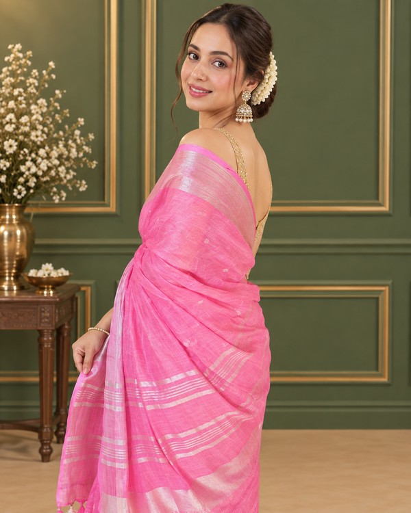 Ethereal Pure Linen Embroidered Handloom Pink Saree