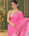 Ethereal Pure Linen Embroidered Handloom Pink Saree