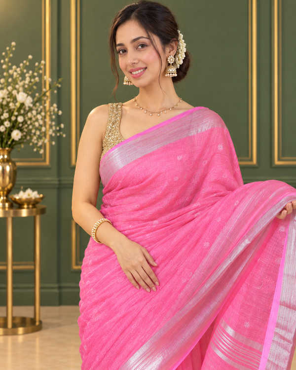 Ethereal Pure Linen Embroidered Handloom Pink Saree