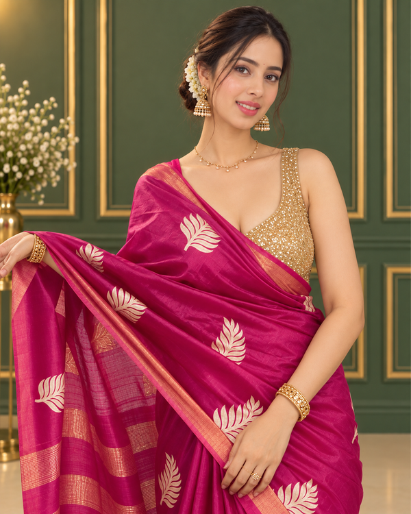 Silkmark Certified Moonga Tussar Silk Saree Purple Color Embroidered with Running Blouse-Indiehaat