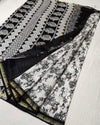 Indiehaat | Blockprint Chanderi Silk Saree in Black & White | Elegant Monochrome Saree