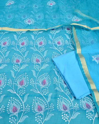 Indiehaat|Kota Doria Embroidered Blue Suits(Top+Bottom+Dupatta)
