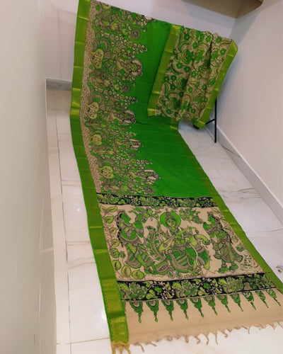 Indiehaat | Mangalagiri Handpainted Silk Saree Green