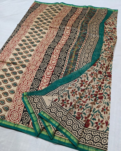 Indiehaat | Chanderi Silk Kalamkari Beige Saree