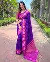 Indiehaat | Soft Silk Floral Border Contrast Zari Woven Purple & Pink Saree