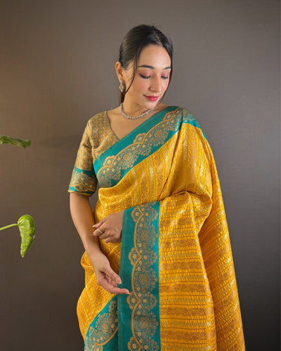 Indiehaat | Soft Silk Zari Woven Contrast Green Saree with Satin Border