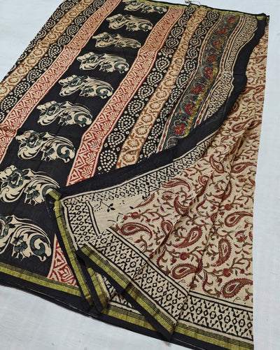 Indiehaat | Chanderi Silk Kalamkari Beige Saree