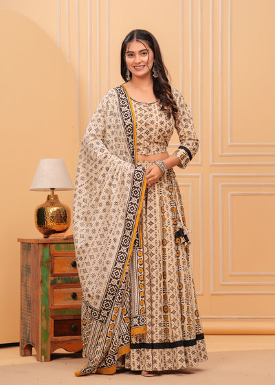 Indiehaat | Blockprinted Beige Lehanga Choli Set