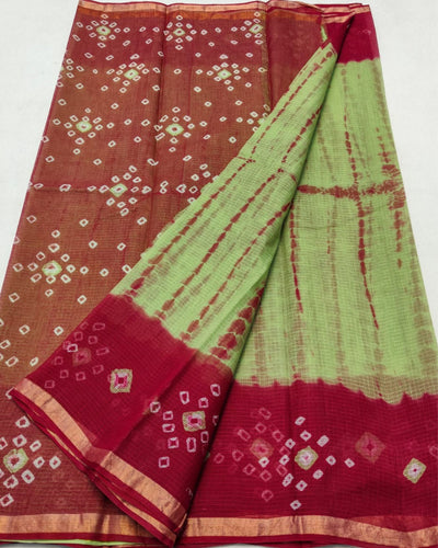 Indiehaat | Kota Cotton Bandhej Shibori Saree Green & Red