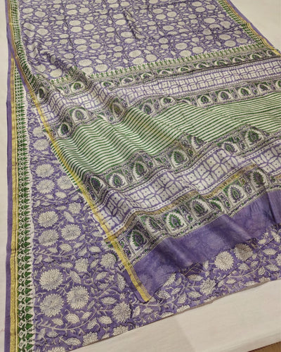 Indiehaat | Blockprint Chanderi Silk Saree Purple | Elegance in Silk