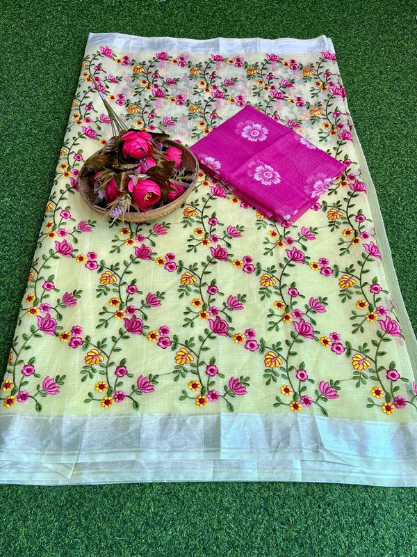 Kota Doria Full Floral Jaal Embroidery Saree