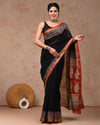 Indiehaat | Maheshwari Silk Saree Black Color Bagru Handblock Printed with Running Blouse (Silk by Silk)