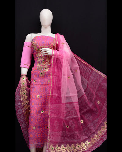 Indiehaat|Kota Doria Gota Patti Pink Suit(Top+Bottom+Dupatta)