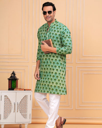 Indiehaat | Ajrakh Printed Cotton Kurta Pyjama Green