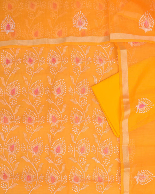 Indiehaat|Kota Doria Embroidered Orange Suits(Top+Bottom+Dupatta)